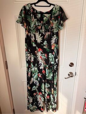 Black Maxi Romper with Green Tropical Leaf Print